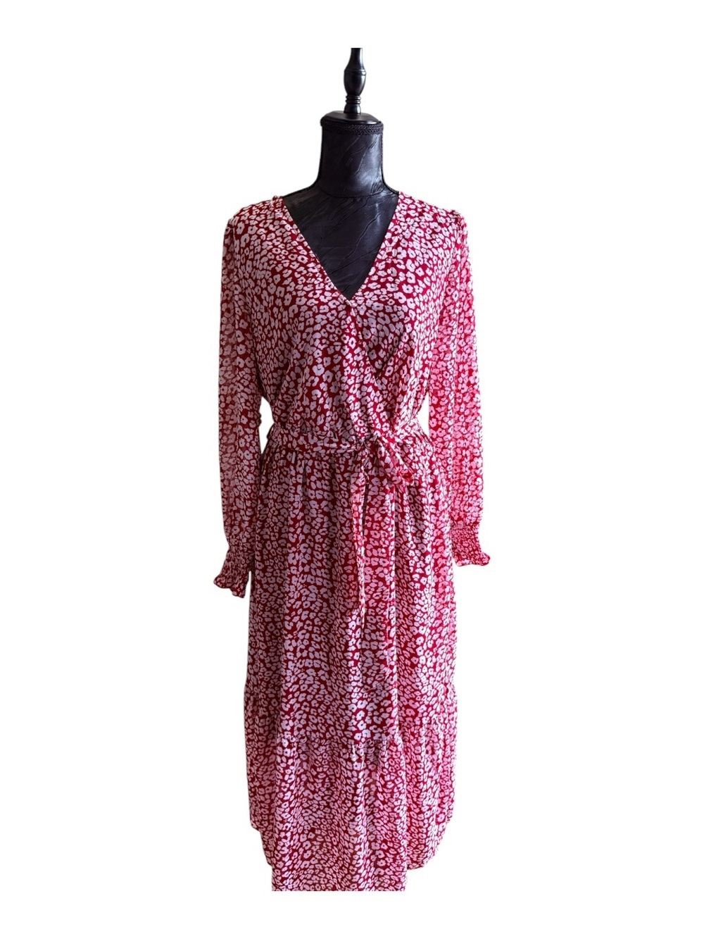 PRETTYGARDEN Womens Large Red White Floral Wrap Midi Dress Long Sleeve V Neck - Picture 2 of 11